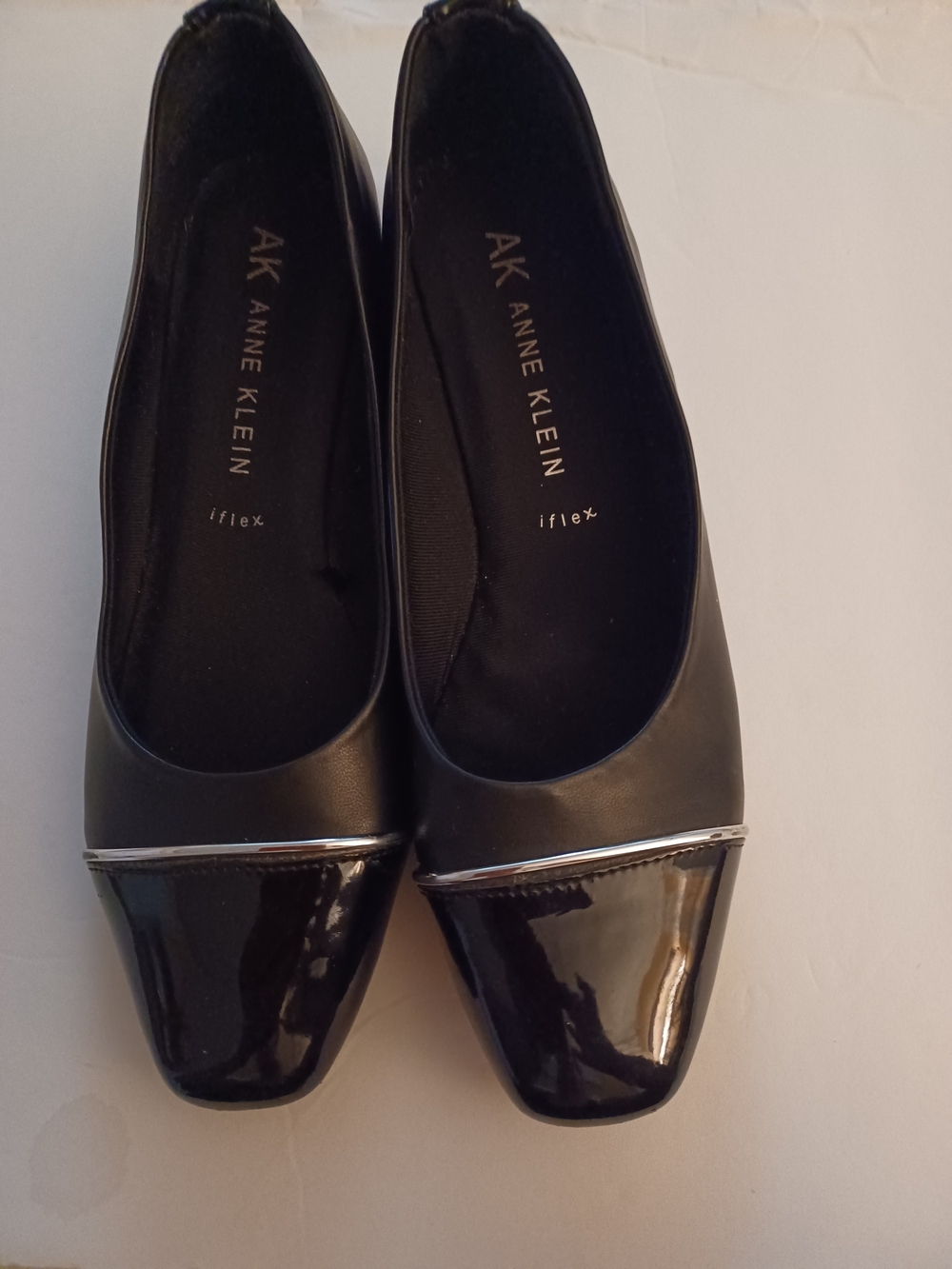 Anne Klein Black Patent Cap-Toe Flats with Silver Trim